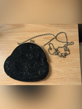 Walborg Black Beaded Heart Crossbody with Silver Chain